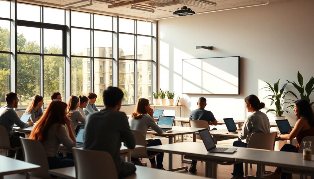 A bright, airy classroom with large windows overlooking a lush, verdant campus. In the foreground, a group of students seated at modern, streamlined desks, some engaged in lively discussion, others intently focused on their laptop screens. The middle ground features a sleek, interactive whiteboard mounted on the wall, facilitating a seamless integration of digital and physical learning. Warm, natural lighting filters in, creating a sense of openness and collaboration. In the background, a row of potted plants and minimalist decor lend a calming, organic ambiance to the hybrid learning environment.