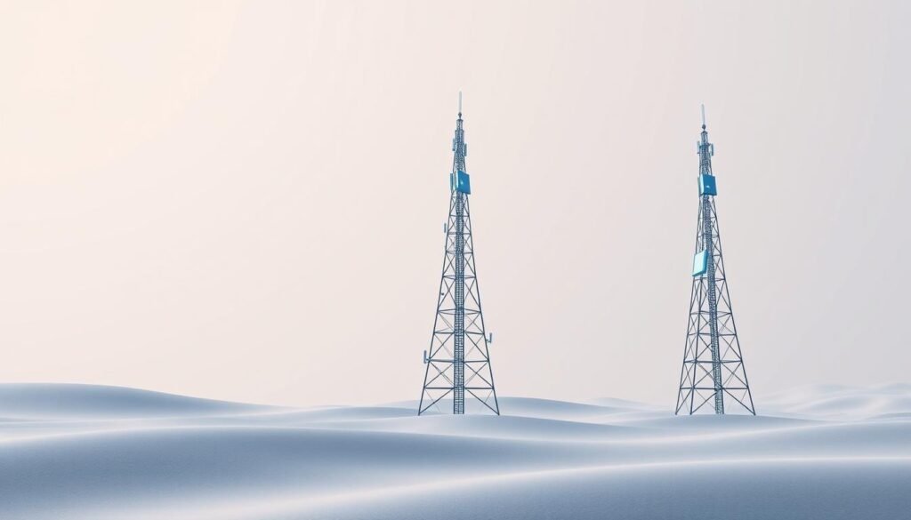 A comparative visualization of 4G, 5G, and 6G network technologies. A clean, minimalist landscape with three distinct towers representing the different generations, arranged in a row. The towers have a sleek, futuristic design, with glowing lines and panels that convey their advanced capabilities. The background is a soft gradient, creating a sense of depth and focus on the central elements. Crisp, realistic lighting casts shadows and highlights the intricate details of the towers. The overall mood is one of technological progress and innovation, inviting the viewer to explore the advancements in mobile connectivity.