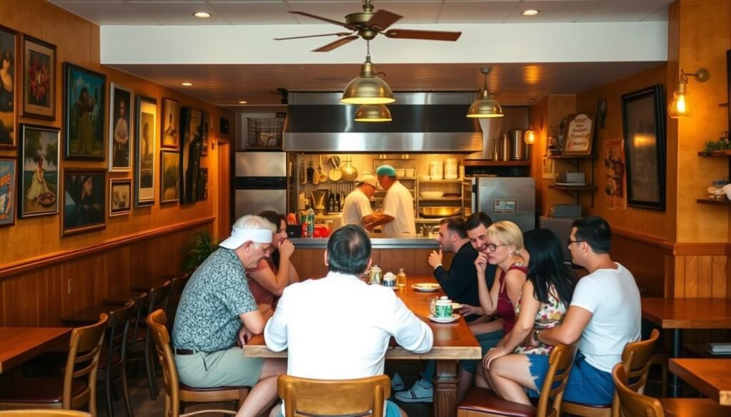 A cozy restaurant interior in Miami, with warm lighting and a welcoming atmosphere. At the center, a group of patrons are seated around a wooden table, engaged in lively conversation. The walls are adorned with vibrant artwork and vintage decor, creating a homely, vintage-inspired ambiance. In the background, a kitchen crew can be seen diligently preparing dishes, their movements captured in a blur of activity. The scene exudes a sense of community and genuine hospitality, inviting the viewer to imagine themselves as part of the warm, authentic dining experience.