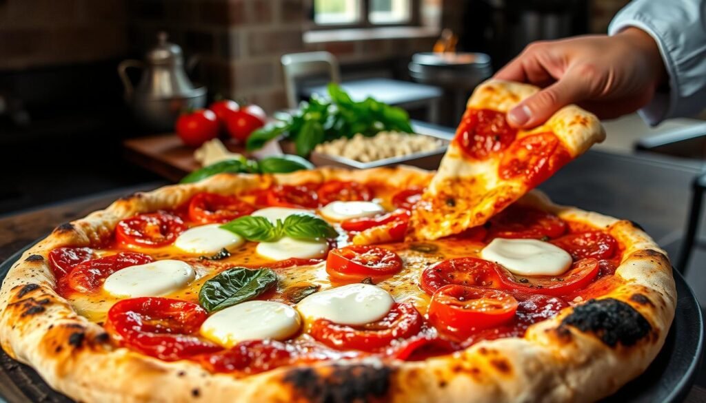 A delicious Neapolitan-style pizza, freshly baked in a wood-fired oven, with a perfectly charred and chewy crust. The surface is adorned with glistening San Marzano tomatoes, creamy mozzarella di bufala, and a drizzle of fragrant olive oil. In the foreground, a chef's hands carefully stretch and shape the dough, showcasing the art of pizza making. The middle ground features neatly arranged ingredients, including fresh basil leaves and a sprinkle of Parmesan. The background depicts a cozy, rustic kitchen setting, with exposed brick walls and natural lighting filtering in, creating a warm and inviting atmosphere.