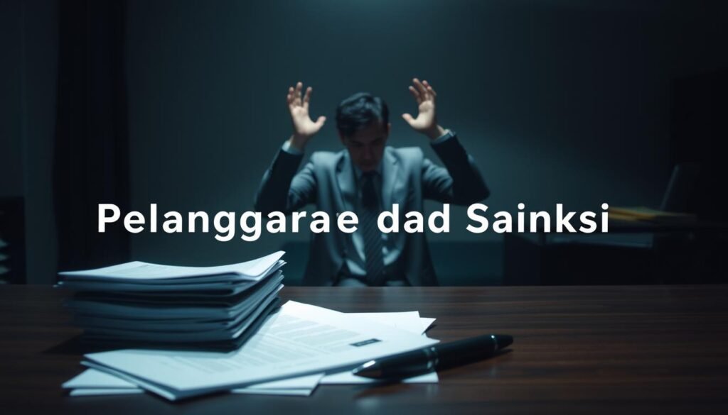 A dimly lit office scene, with a desk in the foreground featuring a stack of documents and a pen, symbolizing the bureaucratic process. In the middle ground, a person in formal attire appears distressed, their hands raised in a pleading gesture, conveying the consequences of scholarship violations. The background is hazy, evoking a sense of unease and uncertainty. Soft, directional lighting casts dramatic shadows, emphasizing the gravity of the situation. The overall mood is somber, reflecting the serious nature of the "Pelanggaran dan Sanksi" section.