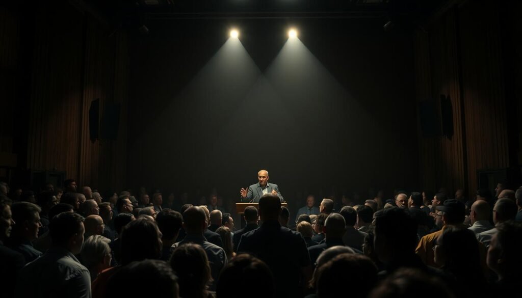 A dimly lit political arena, shadows of debating figures cast upon the walls. In the foreground, a tense crowd gathers, expressions of concern and uncertainty etched on their faces. The middle ground showcases a podium, microphones pointed towards a central figure, their gestures conveying the gravity of the situation. In the background, a sense of unease pervades, as if the very foundations of the democratic process are being scrutinized under the harsh glare of spotlights. The scene is captured with a cinematic, low-angle lens, heightening the drama and the weight of the political reaction to the delay in elections.