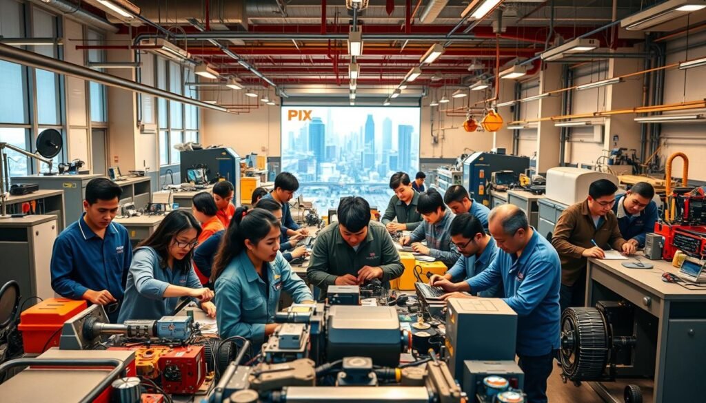 A dynamic, collaborative scene showcasing the synergy between vocational education and industry. In the foreground, students and industry professionals engage in hands-on learning, surrounded by state-of-the-art equipment and machinery. The middle ground features a backdrop of modern, well-equipped classrooms and workshops, while the background depicts the bustling cityscape, symbolizing the integration of education and real-world applications. The lighting is warm and inviting, capturing the energy and enthusiasm of this educational partnership. Captured with a wide-angle lens to encompass the full scope of the collaboration, this image embodies the spirit of "Kolaborasi Pendidikan Vokasi dan Dunia Industri".