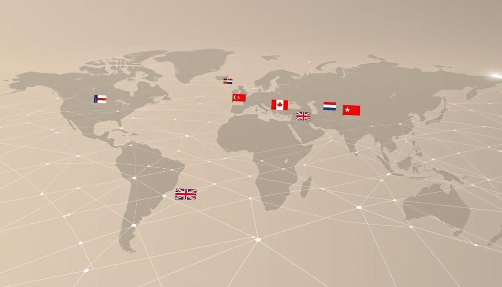 A high-resolution digital illustration depicting a strategic global tariff landscape. In the foreground, a complex web of interconnected trade routes and economic corridors, with intricate lines and vectors representing the flow of goods, services, and capital across international borders. In the middle ground, prominent national flags and symbols representing major economic powers, their policies and negotiations casting shadows over the global trade network. In the background, a panoramic view of the world, with stylized continents and landmasses, hinting at the geopolitical and geoeconomic factors shaping the global tariff regime. The overall composition should convey a sense of dynamism, complexity, and the high-stakes nature of international trade policy, using a muted, technocratic color palette and a minimalist, data-driven aesthetic.