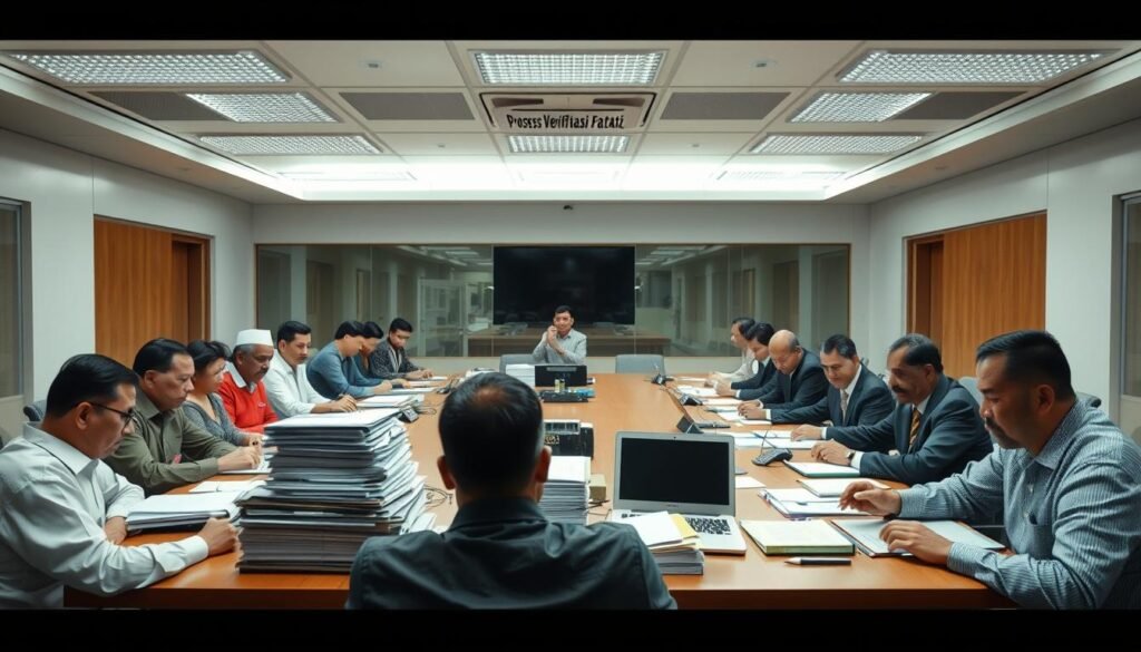 A large conference table in a bright, modern office, surrounded by serious-looking politicians and party officials deeply engaged in the factual verification process. Overhead, fluorescent lights cast a clinical, administrative ambiance. Stacks of documents, laptops, and notepads cover the table, as the group carefully examines each detail. The mood is one of intense scrutiny and diligence, reflecting the gravity and importance of this political party registration procedure. Crisp, high-resolution detail captures the focused expressions and body language of the participants, conveying the rigor of the "Proses Verifikasi Faktual Partai Politik".