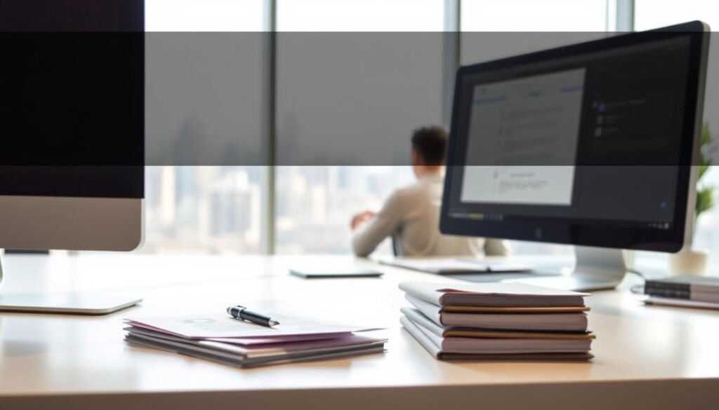 A modern and minimalist office setting, with a bright and airy atmosphere. In the foreground, a desktop computer, a stack of documents, and a pen resting on a clean, minimalist desk. The middle ground features a person sitting at the desk, their face not visible, intently focused on the computer screen. The background showcases a large window overlooking a cityscape, with soft, diffused natural lighting streaming in. The overall scene conveys a sense of productivity, organization, and a successful approach to scholarship application.