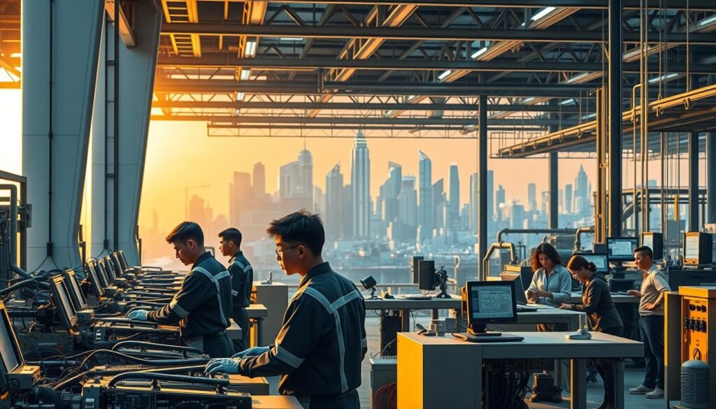 A modern industrial factory with sleek, futuristic architecture, bathed in warm, golden lighting. In the foreground, a group of young, diverse workers in vocational uniforms operate advanced machinery with precision. In the middle ground, a classroom setting with students engaged in hands-on technical training, utilizing state-of-the-art equipment. The background showcases a vibrant cityscape, symbolizing the integration of vocational education and the thriving industry. The overall scene conveys the synergy between practical skills, technological innovation, and the prosperity of the 2025 workforce.