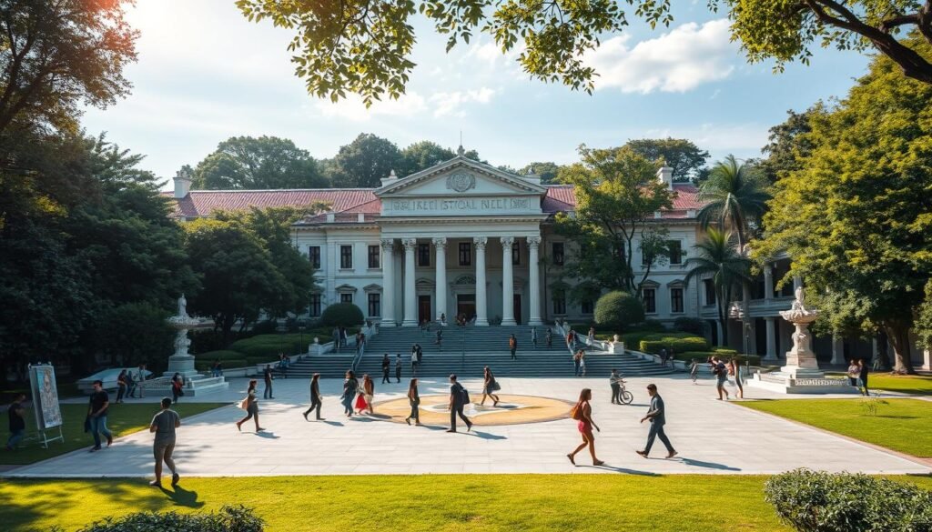 A prestigious art school campus nestled in a lush, verdant landscape. At the center, a majestic building with ornate architecture, its grand entrance flanked by towering columns. Students stroll across a tranquil courtyard, engrossed in artistic pursuits - painting, sculpting, and performing. Sunlight filters through the treetops, casting a warm, golden glow over the scene. In the background, modern studio facilities and state-of-the-art labs stand as testaments to the school's commitment to excellence in the arts. An atmosphere of creativity, inspiration, and intellectual rigor permeates the entire campus, reflecting the "Program Studi Unggulan Seni" - the leading arts program that nurtures and cultivates the talents of the most gifted students.