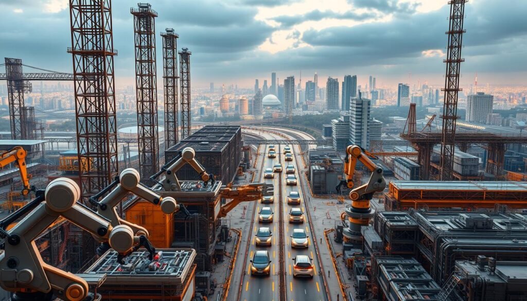 A sprawling industrial landscape, where towering factories and gleaming machinery converge in a symphony of technological transformation. In the foreground, robotic arms precisely assemble intricate components, their movements choreographed with robotic precision. The middle ground reveals a bustling hub of activity, with autonomous vehicles navigating seamlessly between production lines, powered by the invisible threads of a 5G network. In the background, a cityscape rises, its skyscrapers and infrastructure integrating the latest advancements in smart technology, reflecting the seamless integration of industry and society. Bathed in a warm, amber-hued lighting, the scene conveys a sense of progress, efficiency, and the boundless potential of the 5G and 6G era.