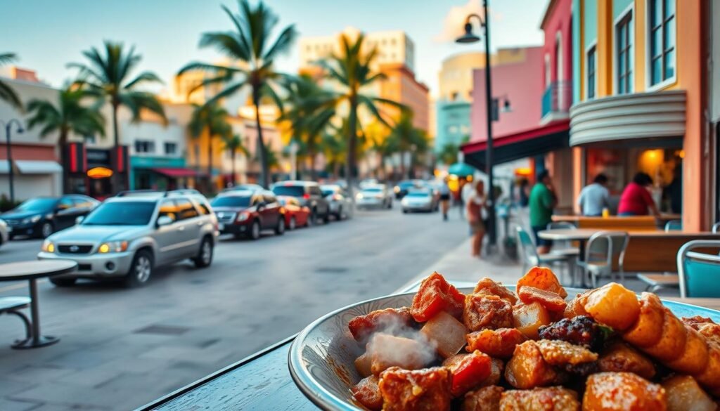 A sumptuous meal set against the vibrant backdrop of Miami's bustling streets. In the foreground, a delectable plate of home-cooked delicacies, steaming hot and bursting with flavor. The middle ground captures the warm, inviting ambiance of the local restaurant, with its rustic decor and attentive staff. In the distance, the iconic palm trees and pastel-hued buildings of Miami's art deco district create a captivating cityscape, bathed in the golden glow of the setting sun. The scene evokes a sense of comfort, indulgence, and the joy of discovering the hidden culinary gems that make Miami's dining scene so unique.