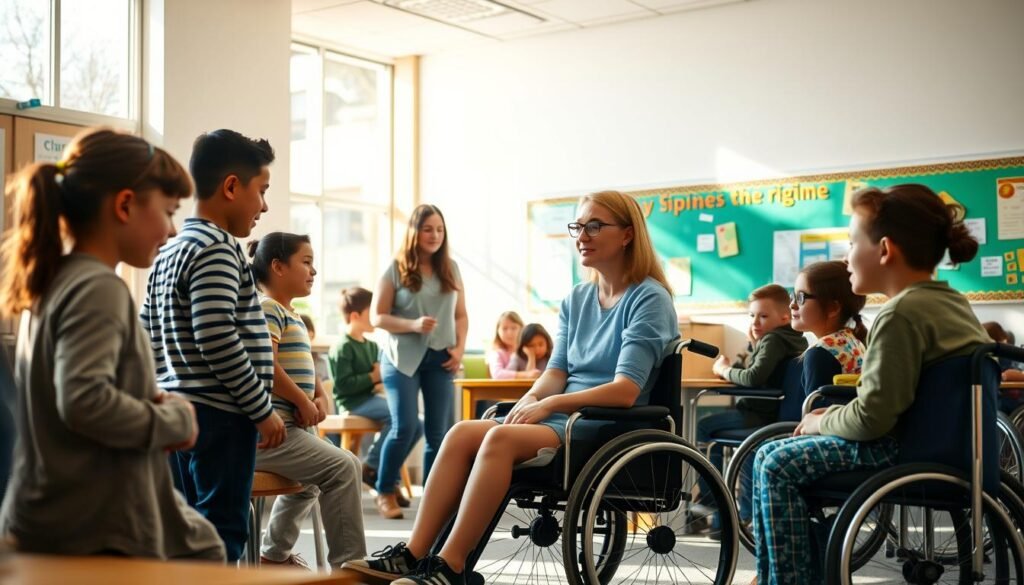 A thoughtful and inclusive classroom setting, with diverse students of varying abilities engaged in collaborative learning. Sunlight streams through large windows, casting a warm glow on the scene. In the foreground, a student in a wheelchair interacts with classmates, their faces alight with curiosity and understanding. In the middle ground, a teacher moves between groups, offering guidance and encouragement. The background reveals vibrant educational displays and accessible furnishings, creating an atmosphere of acceptance and empowerment. The overall mood is one of harmony, where challenges are met with empathy and every individual is celebrated for their unique strengths.