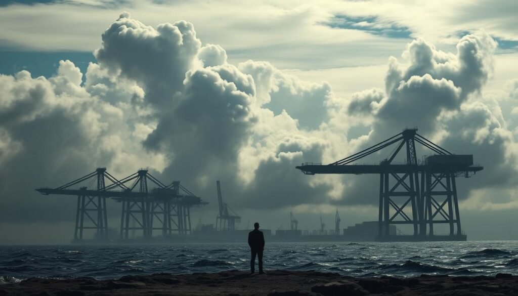 A vast global landscape, where the winds of trade war swirl and nations clash. In the foreground, towering steel structures symbolize the industrial might at the heart of the conflict, casting long shadows across a troubled sea. Billowing clouds of uncertainty loom overhead, their shades of gray mirroring the tension and unease that permeates the scene. Amidst the turmoil, a solitary figure stands, contemplating the rippling effects that reverberate across borders, an embodiment of the precarious balance that hangs in the balance. Captured with a wide-angle lens, the image conveys a sense of scale and the far-reaching implications of this economic battleground, inviting the viewer to ponder the intricate web of global interdependence.