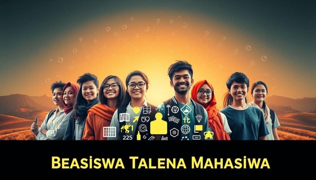 A vibrant, dynamic composition showcasing "Beasiswa Talenta Mahasiswa". In the foreground, a group of talented students from diverse backgrounds - artists, scientists, and athletes - stand united, their faces radiating determination and excitement. The middle ground features an array of symbolic icons representing the breadth of academic and creative disciplines, subtly hinting at the breadth of opportunities. In the background, a bold, abstract landscape of intersecting lines and shapes, evoking a sense of innovation, progress, and the endless possibilities of higher education. Warm, natural lighting bathes the scene, creating an inviting, aspirational atmosphere. Captured with a wide-angle lens to emphasize the expansive scope of the "Beasiswa Talenta Mahasiswa" program.