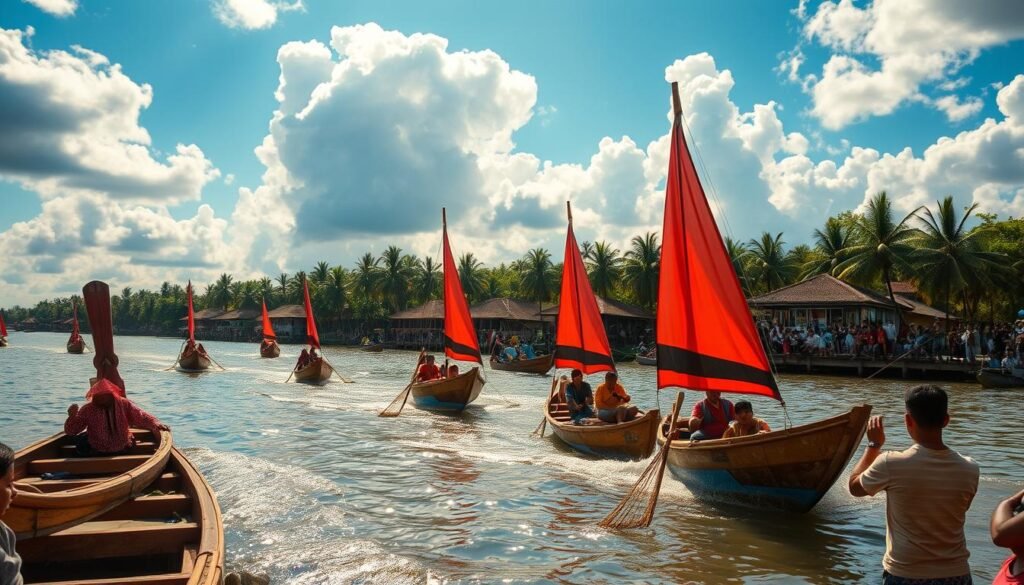 A vibrant scene of the traditional Pacu Jalur boat race in the heart of Riau, Indonesia. In the foreground, sleek wooden boats, their colorful sails billowing, race across the shimmering river. Spectators line the banks, cheering enthusiastically, their expressions filled with excitement. In the middle ground, stilt houses and palm trees dot the riverbanks, creating a backdrop of lush, tropical greenery. The sky is a brilliant blue, with fluffy white clouds overhead, bathing the scene in warm, golden light. The atmosphere is one of festive celebration, capturing the rich cultural heritage and enduring traditions of the Riau region.