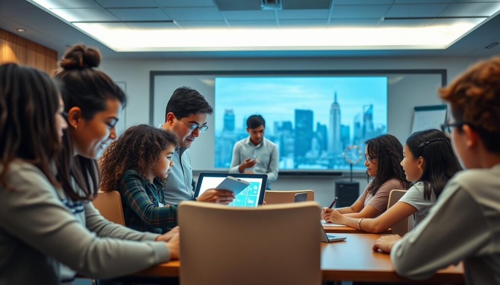 A well-lit classroom with a large whiteboard and modern educational technology. In the foreground, a group of diverse students collaborating on a tablet device, their faces illuminated by the screen's glow. The middle ground features a teacher guiding the students, using a digital presentation on the whiteboard. The background showcases a panoramic view of the city skyline, symbolizing the integration of technology and education. The overall mood is one of engaged learning, technological innovation, and a forward-thinking educational approach.