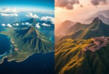 Aerial view comparing American Samoa's tropical landscape with China's diverse geography