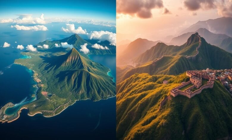 Aerial view comparing American Samoa's tropical landscape with China's diverse geography