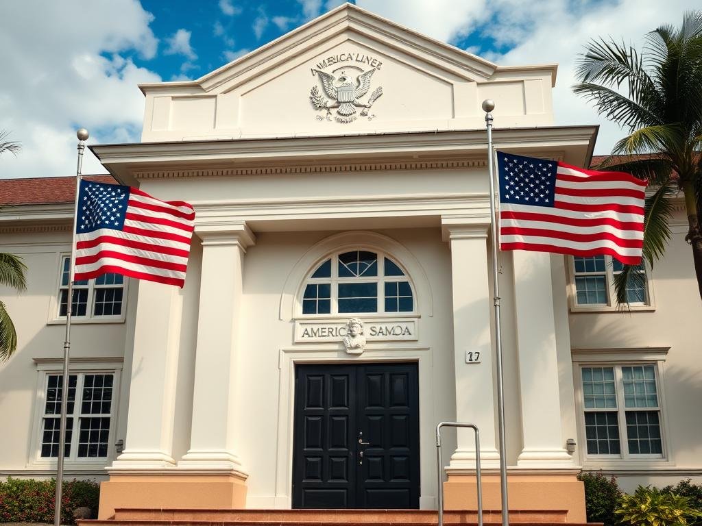 American Samoa government building with U.S. and American Samoa flags