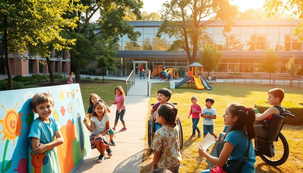An expansive, sun-dappled schoolyard, where students of diverse abilities engage in joyful, inclusive activities. In the foreground, a group of children from various backgrounds collaborate on a vibrant mural, their faces alight with concentration and pride. In the middle ground, a wheelchair-accessible ramp leads to an inclusive playground, where kids of all needs swing, slide, and explore together. In the background, a modern, accessible school building stands, its glass facade reflecting the lush, verdant surroundings. Warm, diffused lighting illuminates the scene, conveying a sense of warmth, acceptance, and opportunity. The overall atmosphere radiates the promise of an education system that embraces diversity and ensures equal access to learning and growth for all.