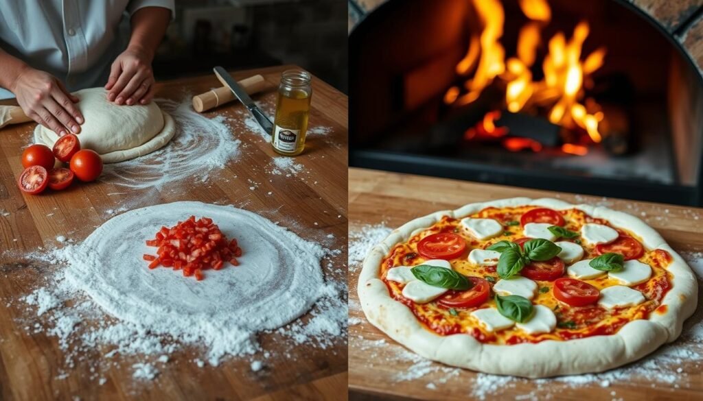 Detailed step-by-step process of preparing a traditional Neapolitan pizza. A wooden counter with a flour-dusted surface, where a baker's hands skillfully knead and stretch the dough. Fresh San Marzano tomatoes are crushed, their vibrant red hue contrasting with the milky-white mozzarella di bufala. A wood-fired oven with a crackling flame in the background, casting a warm glow. The pizza is carefully assembled, with the toppings meticulously arranged. Finished with a drizzle of olive oil and a sprinkle of fresh basil leaves. The whole scene exudes the aroma and craftsmanship of authentic Neapolitan pizza-making.