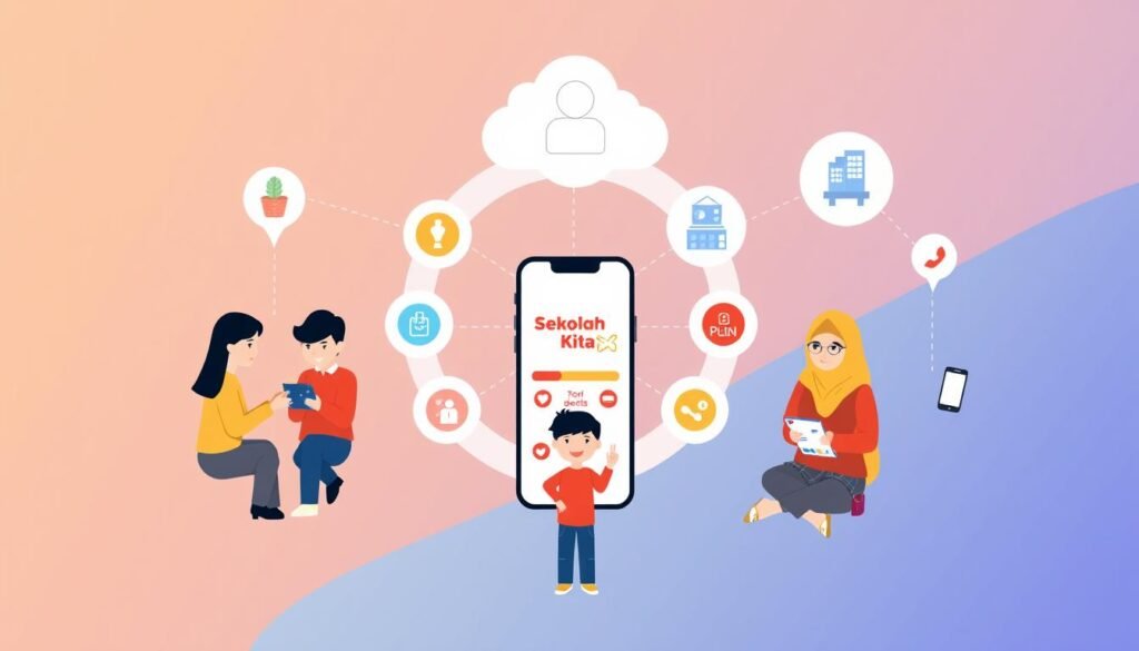 Ilustrasi ekosistem Sekolah Kita menghubungkan guru, siswa, dan orang tua Ilustrasi ekosistem Sekolah Kita menghubungkan guru, siswa, dan orang tua