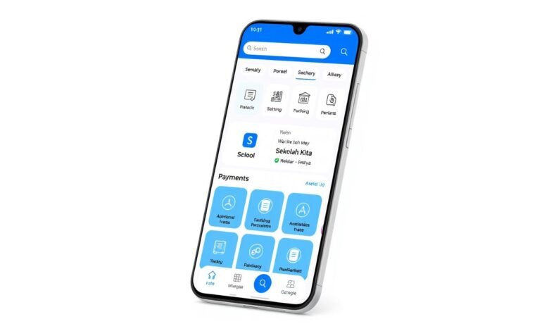 Tampilan utama aplikasi Sekolah Kita menampilkan dashboard dengan fitur-fitur utama
