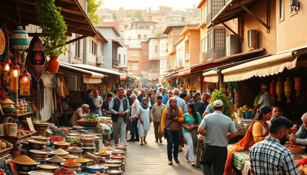 A bustling, diverse marketplace in a vibrant, multicultural community. The foreground showcases an array of colorful stalls, tended by vendors from various ethnic backgrounds, selling an eclectic mix of handcrafted goods, spices, and produce. In the middle ground, people of all ages and cultures mingle, engaged in lively conversations and exchanges. The background reveals a tapestry of architectural styles, reflecting the rich heritage of the neighborhood. Warm, diffused lighting casts a golden glow, creating a welcoming and harmonious atmosphere. The scene embodies the spirit of unity and coexistence within a thriving, multicultural society.