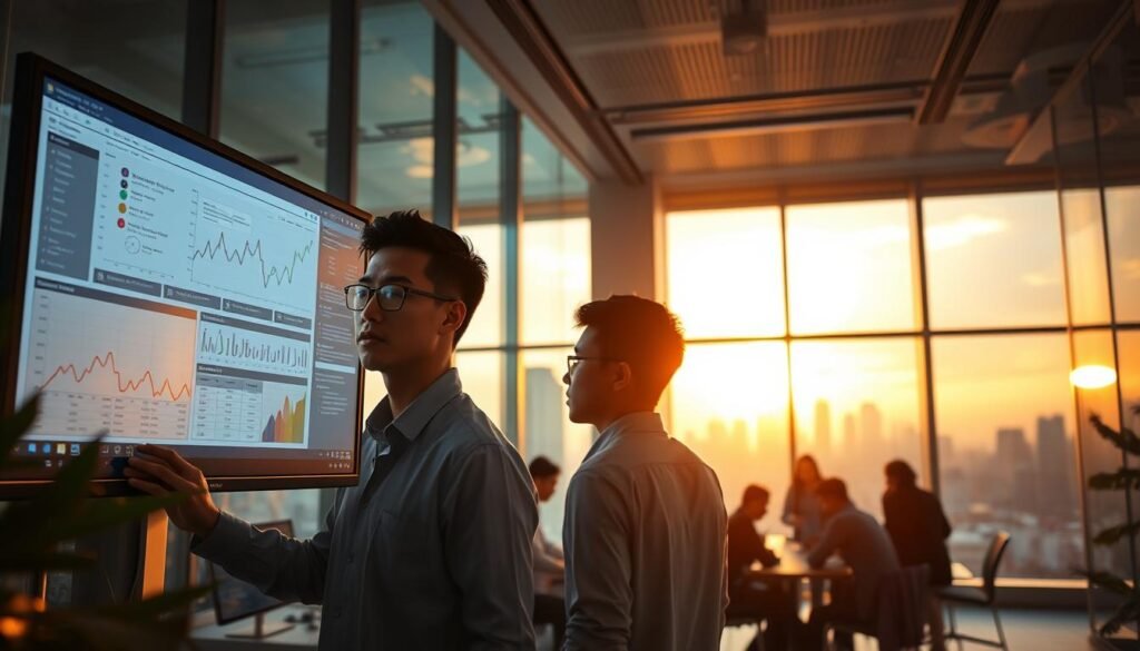 A bustling office setting, with a group of young professionals engaged in data analysis and visualization. In the foreground, a data scientist examines a complex chart on a large monitor, brow furrowed in concentration. The middle ground features a collaborative team, huddled around a conference table, discussing insights and strategies. In the background, floor-to-ceiling windows provide a panoramic view of the Jakarta skyline, bathed in the warm glow of a setting sun. The atmosphere is one of focus, innovation, and boundless potential, reflecting the thriving opportunities for data scientists among Indonesia's IT graduates.