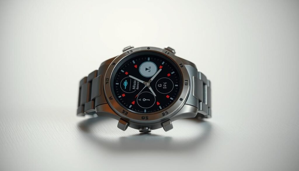 A close-up view of a sleek, high-tech smartwatch with a durable, sporty design. The watch face features an array of icons and displays, showcasing various fitness tracking capabilities such as heart rate monitoring, step counting, and GPS tracking. The watch is positioned on a clean, minimalist surface, allowing the technical details and design elements to take center stage. Soft, diffused lighting accentuates the watch's brushed metal finish and creates a sense of depth and atmosphere. The overall composition conveys a modern, active, and refined aesthetic, reflecting the smartwatch's suitability for a healthy, active lifestyle.