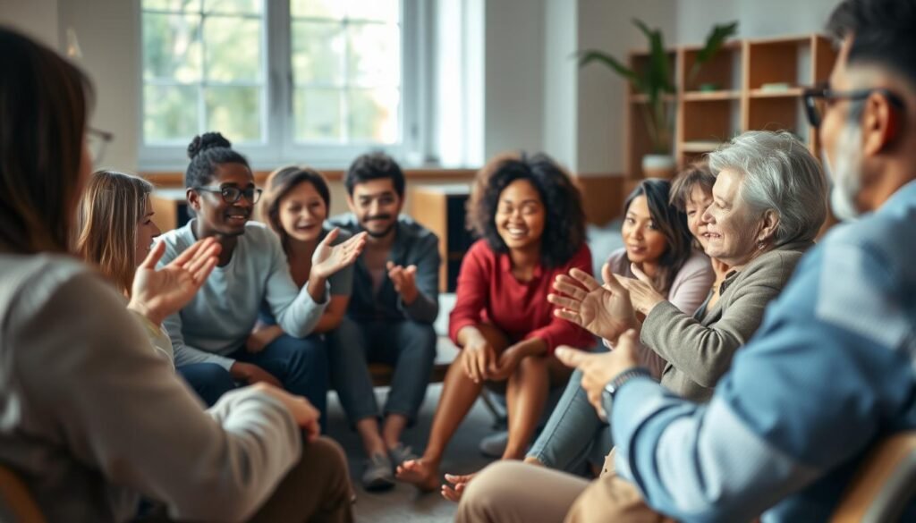 A community gathering, members of diverse backgrounds sitting in a circle, engaged in open discussion. Soft, natural lighting filters through large windows, creating a warm, inviting atmosphere. In the foreground, a group of people gesturing and conversing animatedly, their expressions reflecting thoughtfulness and empathy. The middle ground features a calming, neutral-toned environment, with simple furnishings and decor that encourages reflection and understanding. The background blurs into a sense of inclusivity, where individuals from all walks of life come together to address the complex issue of aggressive behavior, seeking collaborative solutions.