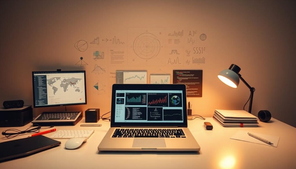 A data science workstation set against a sleek, minimalist backdrop. In the foreground, a laptop displays intricate data visualizations and statistical models. Surrounding it, an array of tools - coding editors, analytical software, and machine learning libraries. The middle ground features technical diagrams and formulas, hinting at the depth of knowledge required. In the background, a subtle grid pattern evokes the structured nature of data. Warm, focused lighting casts a professional, cerebral atmosphere, conveying the intellectual rigor of the data science discipline. The overall scene radiates a sense of analytical prowess, technical mastery, and the discovery of insights from complex information.