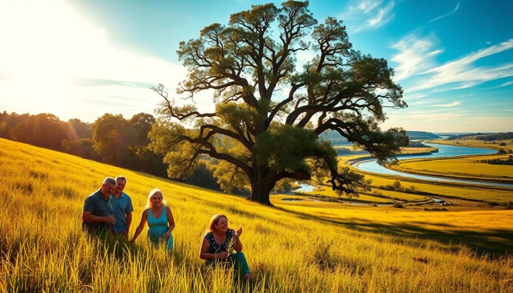 A lush, verdant meadow bathed in warm, golden sunlight. In the foreground, a group of people joyfully engaging in a collaborative effort, their faces beaming with excitement. In the middle ground, a towering oak tree casts a gentle shadow, its branches swaying softly in the breeze. In the background, a winding river reflects the azure sky, with wispy clouds drifting overhead. The scene conveys a sense of community, growth, and opportunity, perfectly capturing the essence of an affiliate marketing program for beginners.
