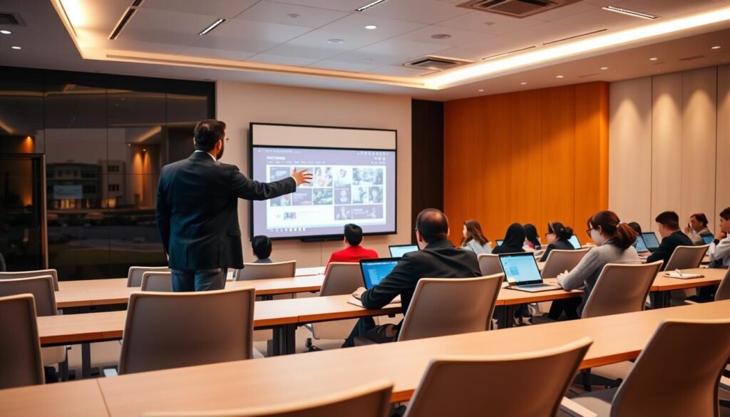 A modern lecture hall with sleek desks and chairs, illuminated by warm ambient lighting. In the foreground, a teacher gestures towards a large interactive whiteboard, showcasing digital learning materials. In the middle ground, students intently focus on their laptops, immersed in collaborative work. The background reveals a panoramic view of the campus, reflecting the seamless integration of technology and education. The scene conveys a sense of innovation, productivity, and the transformative power of digital tools in the academic setting of IAI Dalwa.