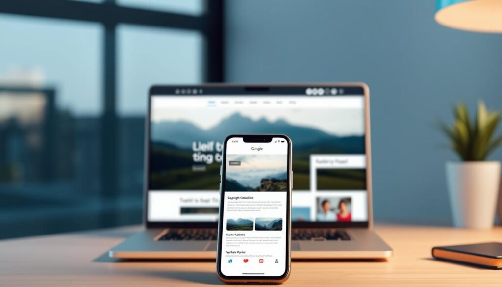 A sleek, modern blog website featuring a clean, minimalist design. The homepage displays a large, high-quality hero image showcasing a serene nature scene, with soft, natural lighting and a shallow depth of field. In the middle ground, a laptop screen displays the blog's homepage, with a simple yet elegant layout, easy-to-navigate menus, and tasteful use of white space. In the foreground, a smartphone displays the blog's mobile-responsive design, highlighting its seamless user experience. The overall atmosphere conveys a sense of productivity, creativity, and digital professionalism, perfectly suited for the "Blog, Website, and AdSense" section of the article.
