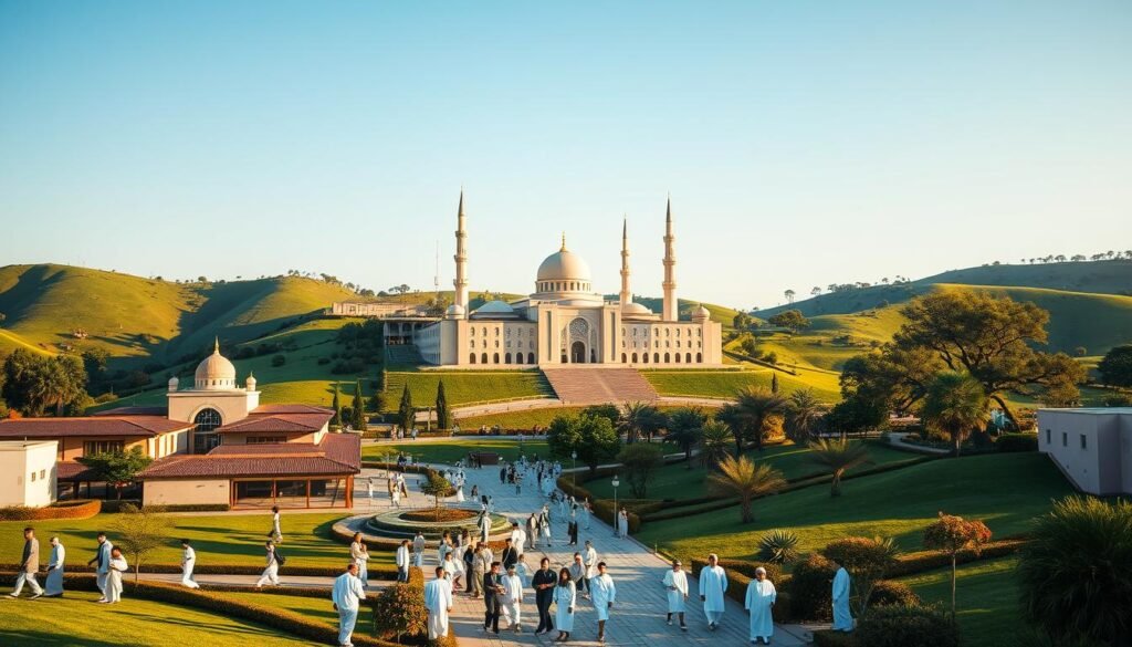 A sprawling modern Islamic boarding school campus nestled among lush green hills, illuminated by warm afternoon sunlight. In the foreground, students in traditional white garments stroll through the tranquil courtyards, engrossed in animated discussions. The central building, a striking architectural blend of classical Islamic and contemporary styles, stands proud, its domes and minarets reaching skyward. In the background, the silhouettes of ancient trees cast gentle shadows, hinting at the institution's rich history and legacy. A sense of intellectual curiosity and spiritual devotion permeates the scene, capturing the essence of a progressive, technology-embracing Islamic education center.