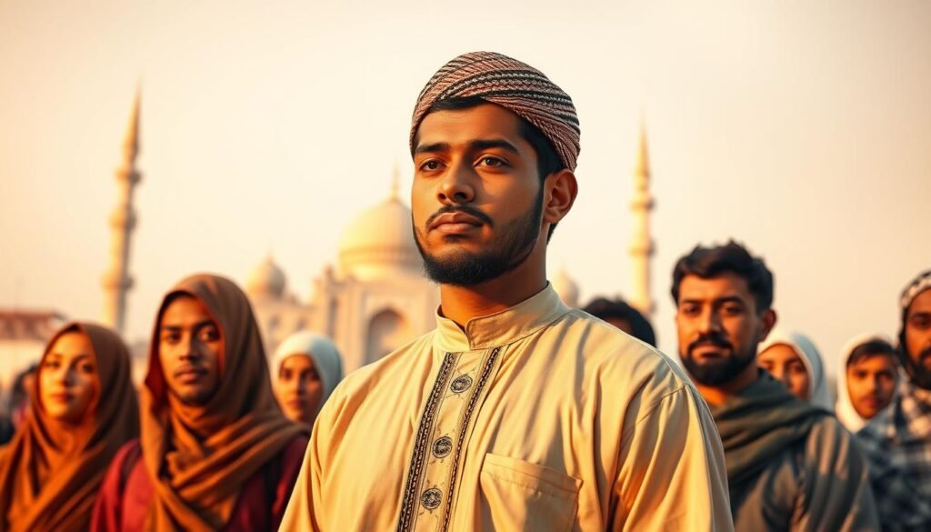 A young Muslim man, dressed in traditional Islamic attire, stands tall and resolute, his gaze fixed with unwavering determination. He is surrounded by a diverse group of peers, each lending their unique perspectives and experiences to the shared mission of spreading the message of Islam. The scene is bathed in a warm, golden light, symbolizing the illumination of knowledge and the radiance of faith. In the background, a grand mosque or Islamic center stands as a beacon, casting its spiritual influence upon the scene. The overall atmosphere exudes a sense of purpose, unity, and a steadfast commitment to the noble endeavor of Islamic da'wah (outreach) in the modern, global landscape.