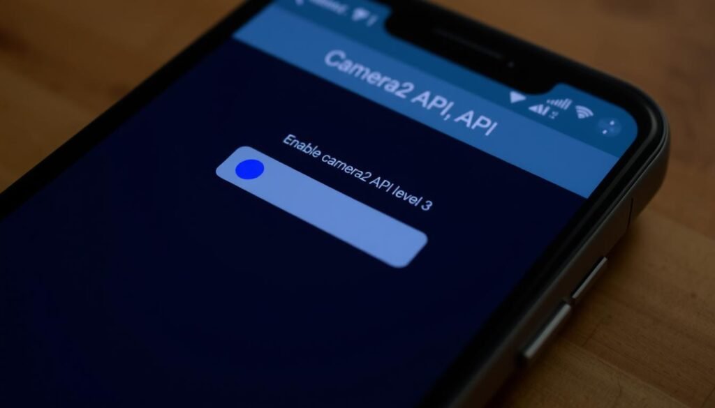 A close-up view of a smartphone screen, displaying the "Camera2 API" settings interface. The screen is well-lit, with a clean and minimalist design. The foreground focuses on the toggle switch to enable the "Camera2 API Level 3" feature, emphasizing its simplicity and accessibility. The middle ground showcases the various camera settings and options, hinting at the advanced capabilities unlocked by this feature. The background is slightly blurred, drawing the viewer's attention to the central UI element. The overall atmosphere conveys a sense of technical proficiency and the empowerment of users to access professional-grade camera controls on their mobile device.