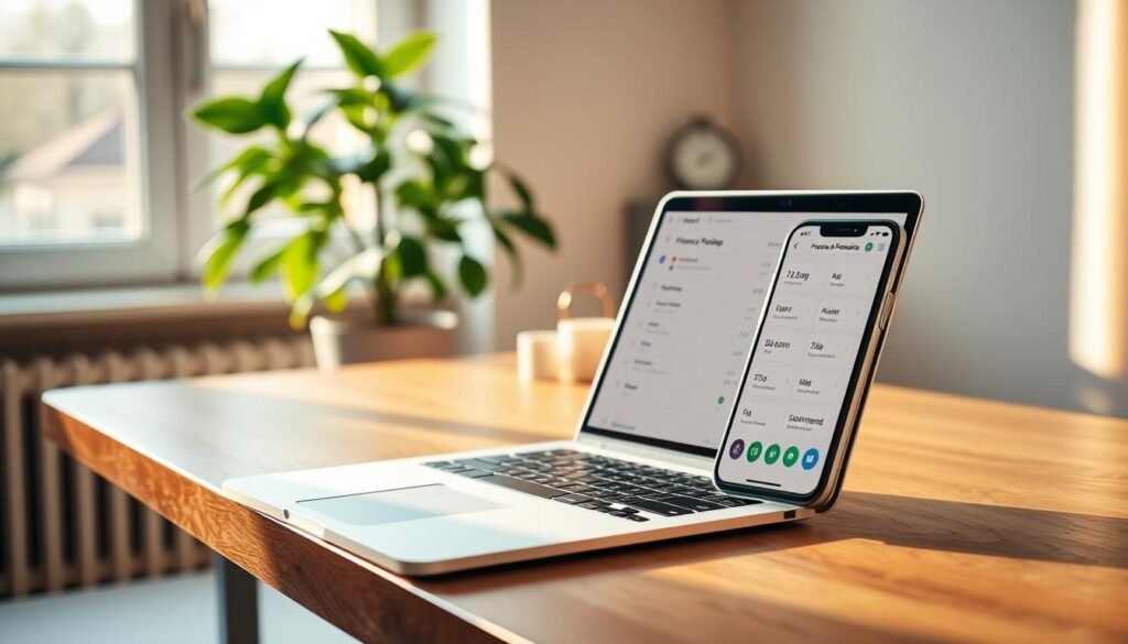 A cozy home office setting, bathed in warm, natural lighting from a nearby window. On a minimalist wooden desk, a laptop and smartphone are neatly arranged, showcasing the user interface of a finance tracking app. The app's design features a clean, intuitive layout with clear icons and easy-to-navigate menus, reflecting the "no ads, no suspicious permissions" promise. In the background, a calming plant and a few simple decor items create a serene, distraction-free environment, ideal for focused financial management. The overall scene conveys a sense of efficiency, organization, and a thoughtful approach to personal finance.