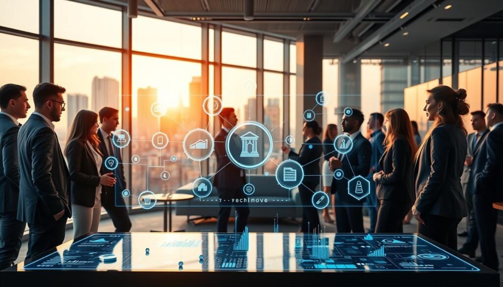 A dynamic and modern blockchain platform scene, showcasing a diverse group of professionals in business attire, engaged in collaborative discussions. In the foreground, a high-tech digital display illustrates various blockchain networks and their applications in real-time. The middle ground features sleek, futuristic office furniture and large windows with a city skyline view, bathed in warm afternoon light. The background reveals digital elements like floating data streams and icons representing transparency and efficiency in technology. The overall mood is optimistic and innovative, reflecting the transformative power of blockchain technology beyond cryptocurrency. Use a wide-angle lens to capture the bustling environment, emphasizing connectivity and progress.