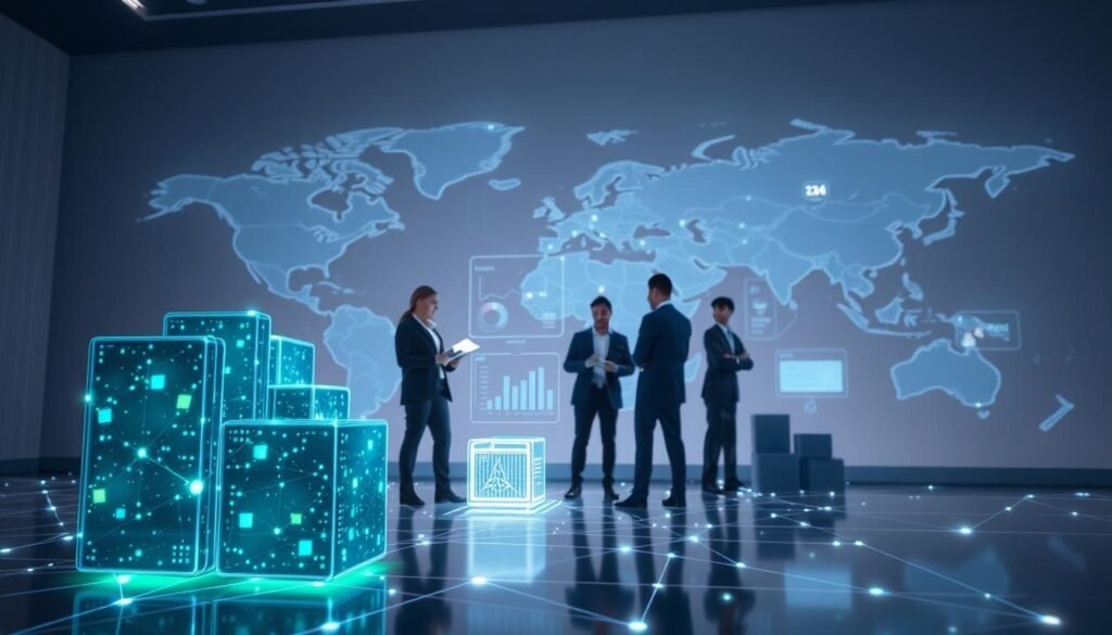 A futuristic and conceptual illustration depicting blockchain technology integrated into global supply chains. In the foreground, a digital representation of interconnected blocks symbolizing blockchain nodes, glowing with blue and green hues. In the middle ground, a diverse group of professionals in business attire are collaborating over holographic displays and interactive charts that illustrate supply chain data and logistics flow. The background features a stylized world map with data lines connecting various regions, representing global trade and transparency. Soft, ambient lighting creates a technological yet approachable atmosphere, with elements of innovation and efficiency. The angle is slightly elevated, providing a comprehensive view of the interaction between the professionals and the digital elements, emphasizing the role of blockchain in enhancing supply chain integrity.