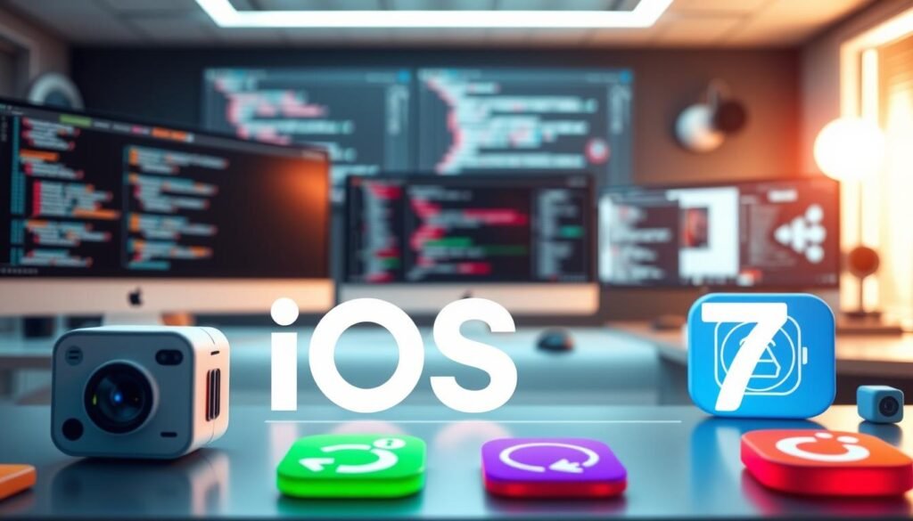 A futuristic, sleek digital interface displaying the release schedule for iOS 27, foregrounded with large, stylized icons representing various features of the operating system, such as a camera, notifications, and settings in vibrant colors. In the middle ground, a timeline graph elegantly illustrates key release dates, featuring smooth curves and tech motifs. In the background, a softly lit, tech-inspired workspace with blurred monitors showing coding scripts and design concepts creates a focused, innovative atmosphere. The lighting is bright and modern, emphasizing a clean, professional feel with a slight glow around the icons. The composition conveys excitement and anticipation about the upcoming iOS 27 release, appealing to tech enthusiasts and professionals alike.