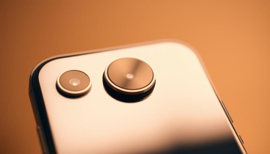 A high-quality, detailed close-up image of the front-facing camera on a modern smartphone. The camera lens is prominently featured in the center, surrounded by a sleek metal or glass camera housing. The lighting is warm and slightly diffuse, creating a soft, natural look. The background is blurred and out of focus, placing the emphasis on the camera hardware. The overall aesthetic is minimalist and techno-chic, reflecting the high-end design of premium mobile devices. The image should convey a sense of precision, innovation, and the importance of the front-facing camera for selfies, video calls, and other mobile photography needs.