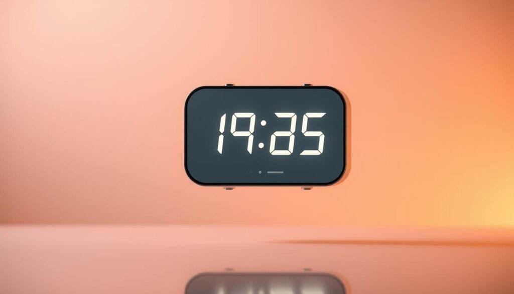 A modern, sleek-looking digital clock with a minimalist design, hovering above a smooth, reflective surface. The clock's display shows the time in a clean, bold font, with the hour and minute digits rotating and updating in a seamless, automated fashion. The scene is bathed in warm, ambient lighting, creating a cozy, relaxing atmosphere. The background is a soft, blurred gradient, allowing the clock to be the focal point of the image. The overall aesthetic conveys a sense of efficiency, automation, and the effortless flow of time.