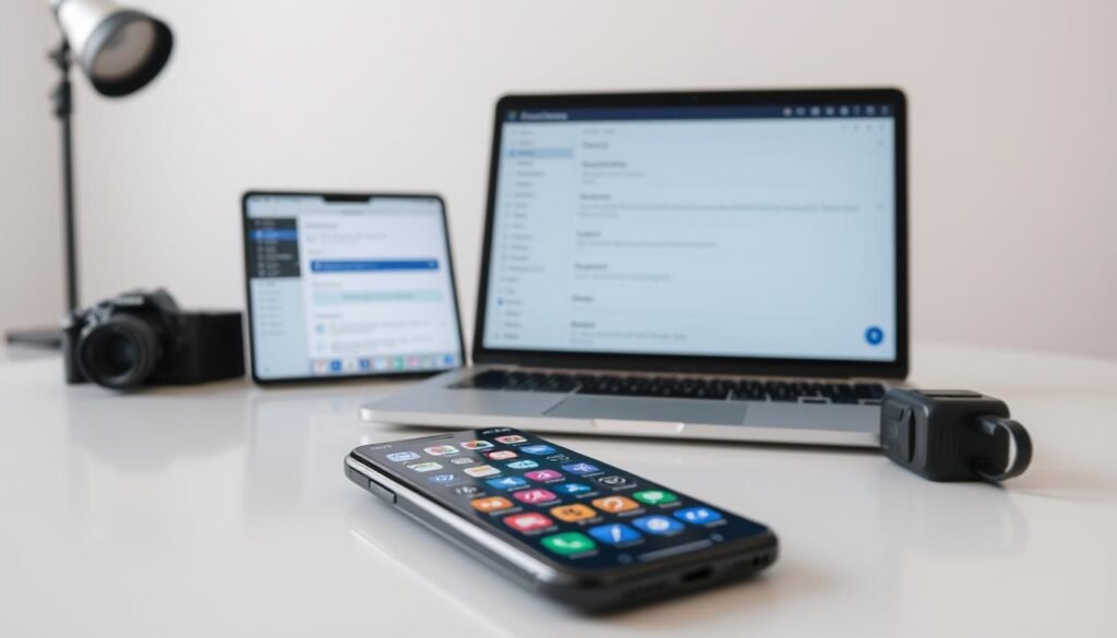 A neatly organized set of apps, settings, and accounts displayed on a minimalist white table. In the foreground, a smartphone showcases various app icons, while in the middle ground, a laptop and tablet display menus and configuration screens. The background features a clean, well-lit studio setup with soft, natural lighting, creating a calm and focused atmosphere. The overall composition conveys a sense of preparedness and attention to detail, inviting the viewer to engage with the tools and settings necessary for the task at hand.