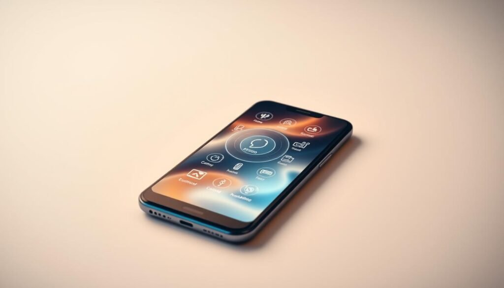 A sleek, high-tech smartphone display showcasing various device compatibility icons and indicators. Smooth, reflective surface with subtle gradients and futuristic design elements. Minimal, elegant composition with the device taking center stage, surrounded by a clean, streamlined background. Warm, balanced lighting illuminates the screen, highlighting the intricate user interface and dynamic visuals. Camera angle slightly elevated to convey a sense of technological sophistication. The overall mood is one of modern, cutting-edge device compatibility and seamless integration.