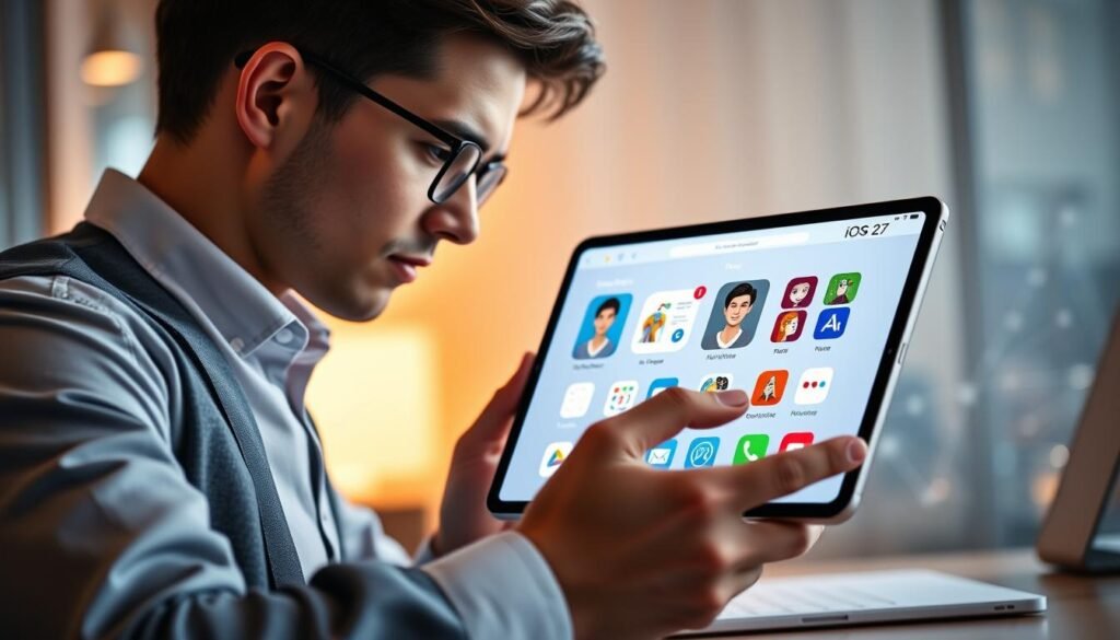 A sleek, modern digital workspace featuring an advanced iOS 27 interface displayed on a high-resolution tablet. In the foreground, show a young professional in smart casual attire, intently interacting with the device, showcasing stability and performance features. The middle ground focuses on vibrant app icons, emphasizing the retro avatar feature with pixelated graphics, surrounded by smooth animations depicting high performance. The background includes soft, blurred lines representing data transfer and network stability, under warm, ambient lighting. Capture the atmosphere of innovation and reliability, with a hint of technology-driven excitement, inviting viewers to explore the new capabilities of iOS 27.