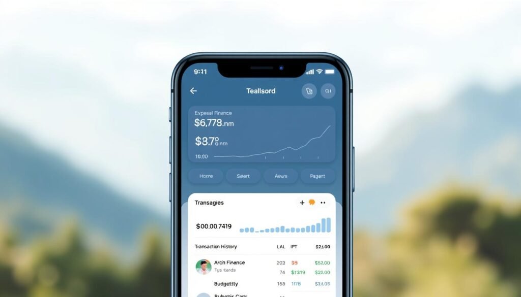 Detailed digital illustration of a personal finance tracking app interface. Centered on a modern smartphone display with a clean, intuitive dashboard. Crisp icons, elegant typography, and a soothing color palette of blues and grays. In the foreground, neatly organized expense and income categories, transaction history, and budgeting tools. The middle ground features informative charts and graphs visualizing financial data. A blurred background showcases a serene natural landscape, conveying a sense of focus and tranquility. Soft, diffused lighting from an overhead source creates depth and highlights the app's essential features. The overall composition emphasizes simplicity, functionality, and a user-friendly experience for both personal and small business financial management.