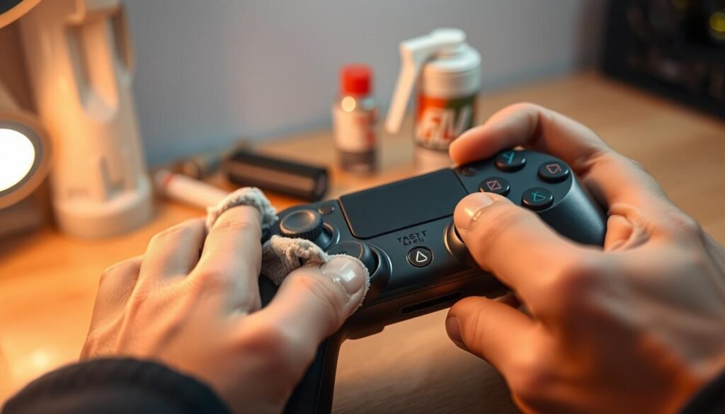 A close-up of a person’s hands carefully cleaning a DualSense Edge controller. The foreground features detailed actions such as using a microfiber cloth and isopropyl alcohol to wipe down the sticks and buttons, ensuring all parts gleam. In the middle ground, a small clean workspace is evident, with tools like a soft brush and a can of compressed air neatly arranged. In the background, soft ambient lighting creates a warm, focused atmosphere, ideal for technical maintenance tasks. The image captures the essence of care and precision, reflecting the theme of home repair solutions. The angle is slightly tilted to emphasize the controller's features, with a shallow depth of field to create a soft blur effect that isolates the cleaning process.
