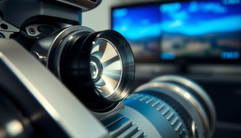 A close-up view of a high-tech periscope camera system, showcasing the intricate mechanics and optical components. In the foreground, highlight the angled lens elements and the prism that reflects light, emphasizing their shiny glass surfaces. The middle ground features the camera body, sleek and metallic, with detailed textures and buttons, illustrating modern technology. In the background, a blurred image of a digital screen displaying zoomed-in images of distant landscapes, hinting at the camera’s capability for optical and digital zoom. The lighting is bright and focused, casting subtle reflections on the camera surface, creating a high-tech atmosphere. The overall mood is one of innovation and precision, perfect for demonstrating advanced photographic technology.