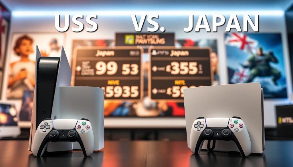 A comparison of gaming consoles focusing on the price difference between the PS5 US and Japan. In the foreground, display two PS5 consoles side by side, highlighting their distinctive designs and regional variations. In the middle ground, include visually appealing price tags and currency symbols, perhaps in a digital format, emphasizing the significant cost differences. The background should feature a soft-focus gaming environment, with subtle references to gaming culture like posters or game art, creating an immersive atmosphere. Use bright, even lighting to ensure clarity and detail in the consoles and price tags, with a slight angle looking slightly down on the scene to enhance depth and perspective. The overall mood should be informative yet engaging, reflecting the excitement of gaming.